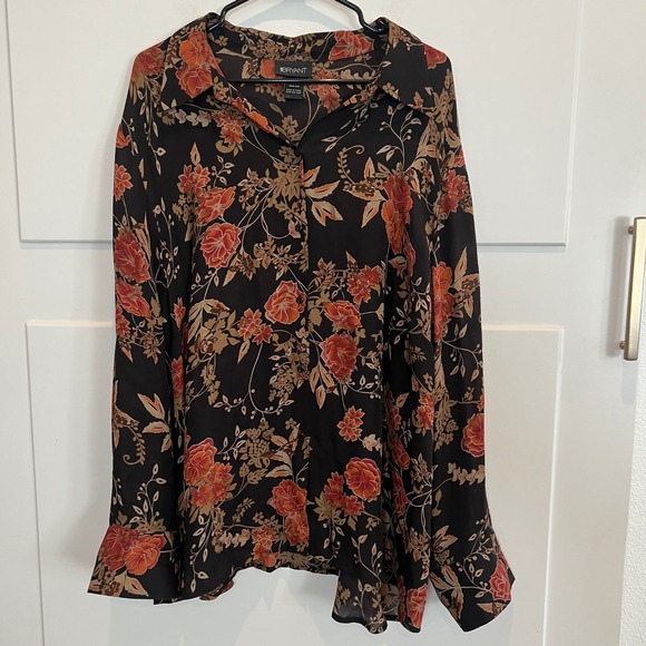 Lane Bryant 100% Silk Floral Button Down Blouse Shirt Size 26/28 Black Orange - Picture 1 of 8